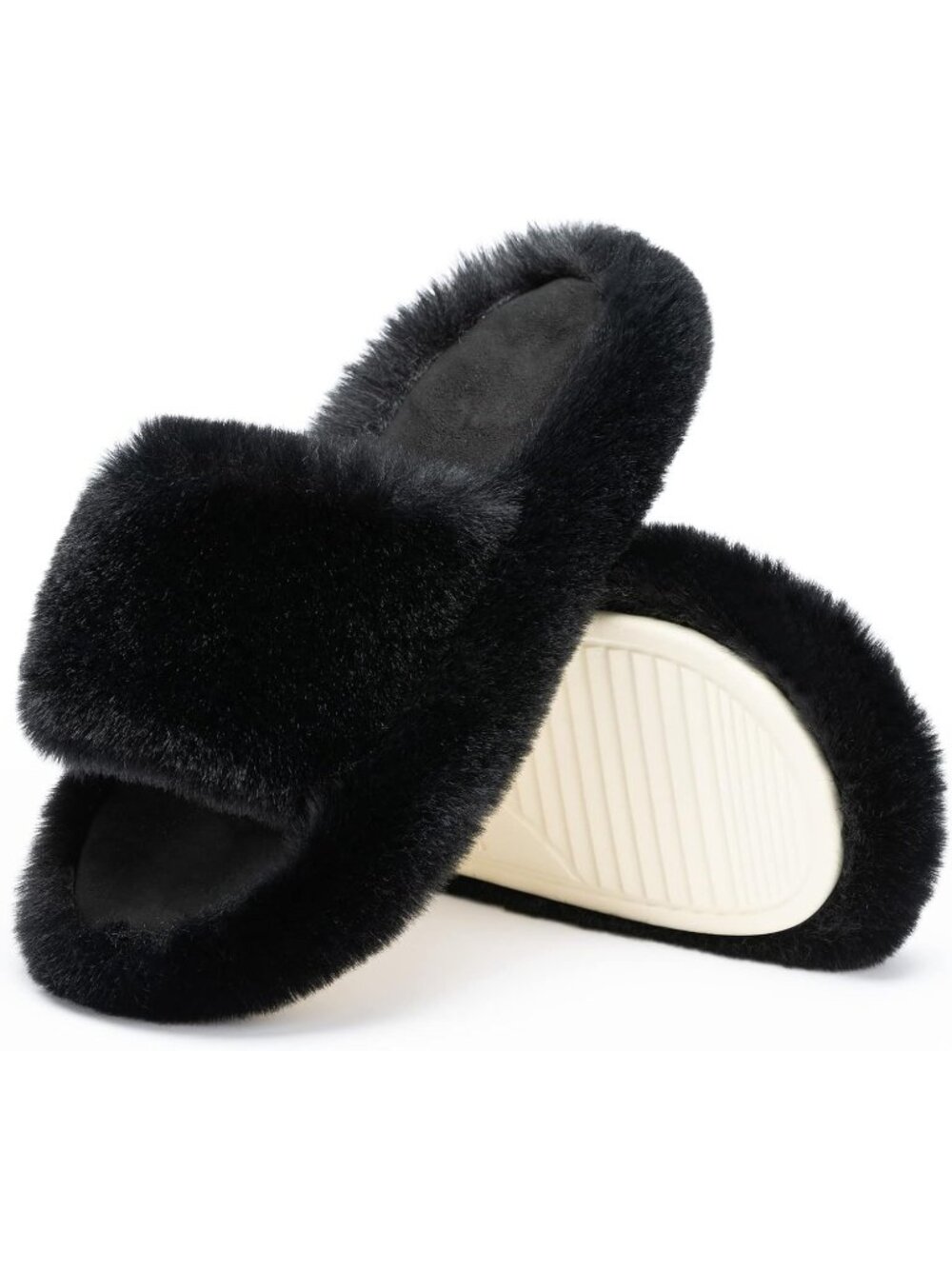 Women's Black Memory Foam Soft Faux Fur Lined Open Toe Indoor Slippers